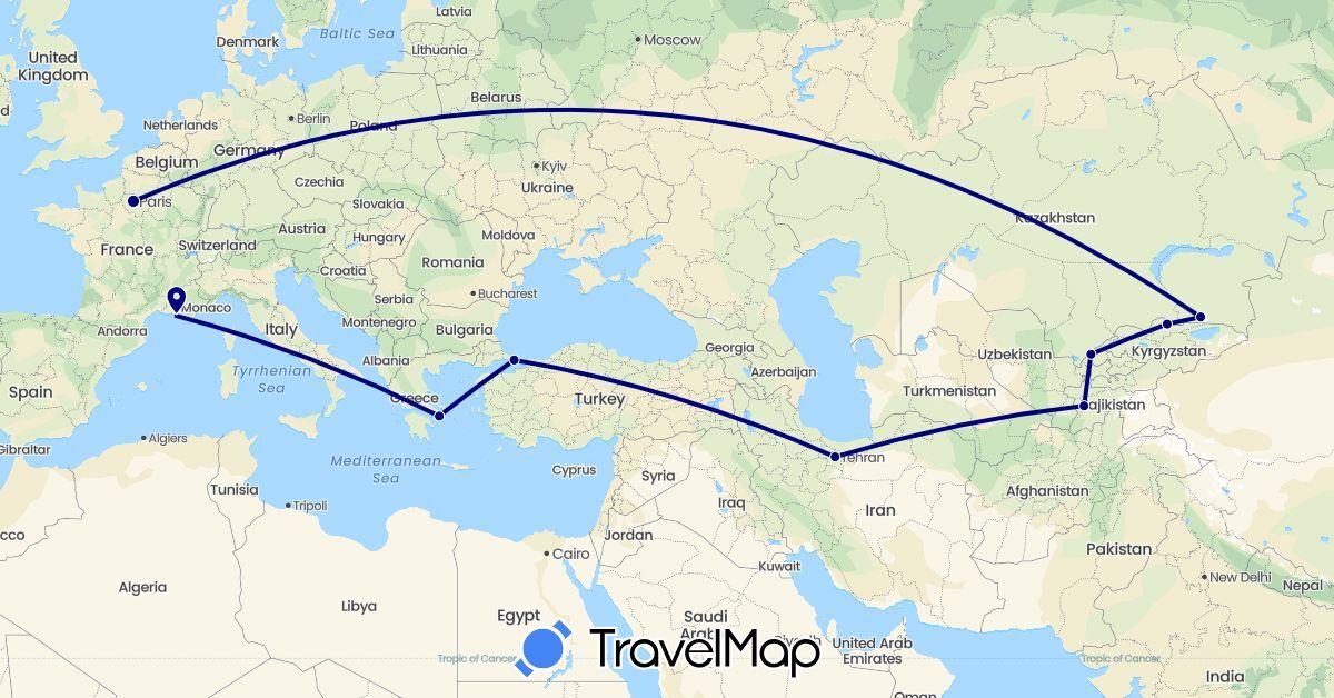 TravelMap itinerary: driving in France, Greece, Iran, Kyrgyzstan, Kazakhstan, Tajikistan, Turkey, Uzbekistan (Asia, Europe)